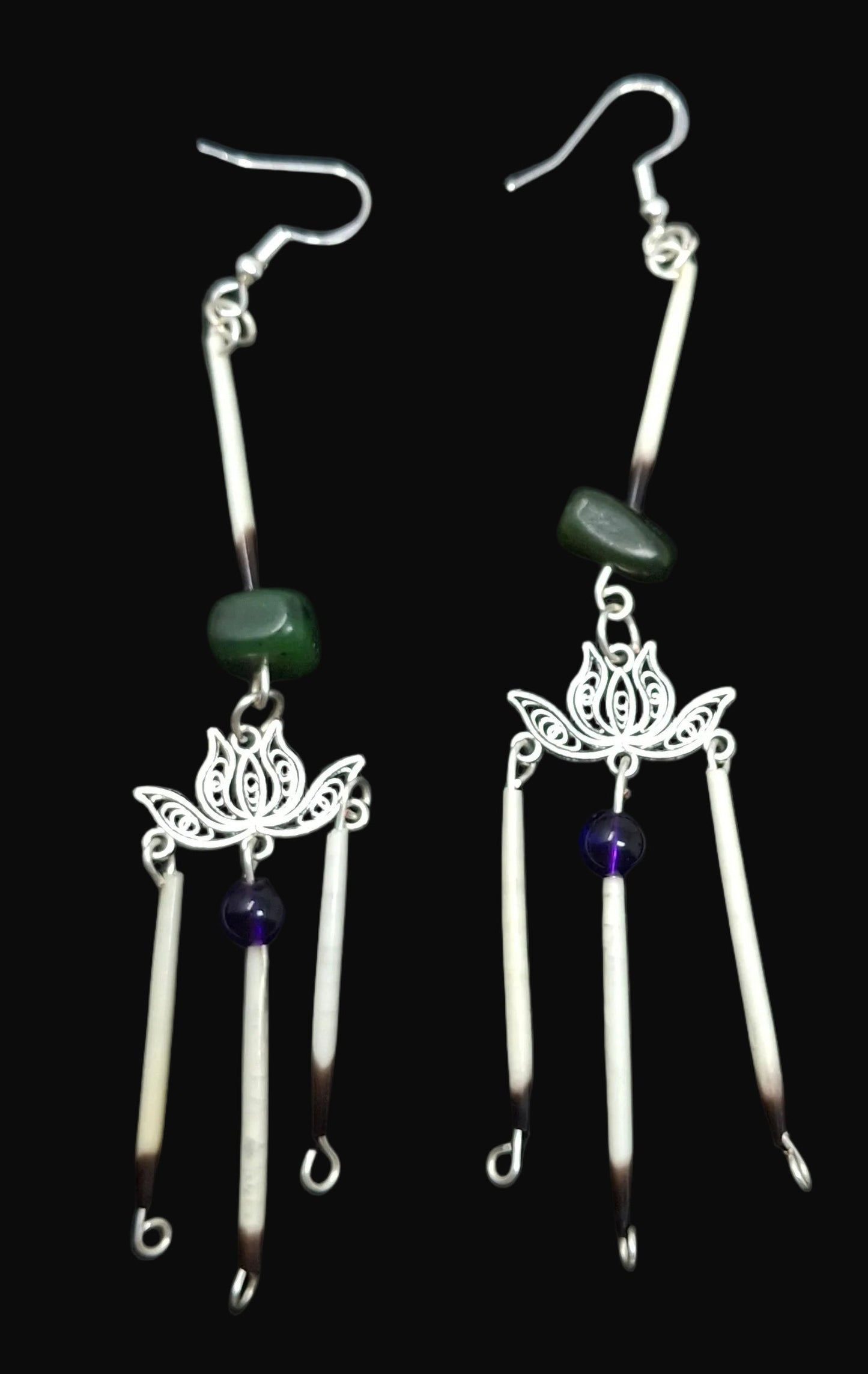 Silver Lotus Earrings with Porcupine Quills, Jade and Purple Beads