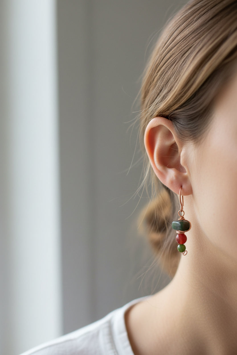 Copper Wire Wrapped Earrings with Jade and Carnila