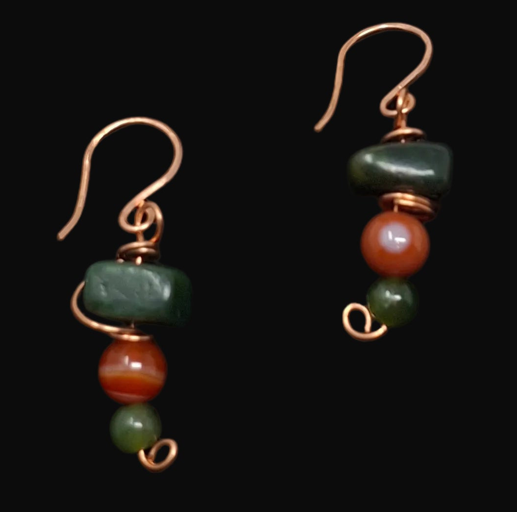 Copper Wire Wrapped Earrings with Jade and Carnila