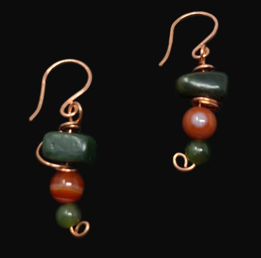Copper Wire Wrapped Earrings with Jade and Carnila