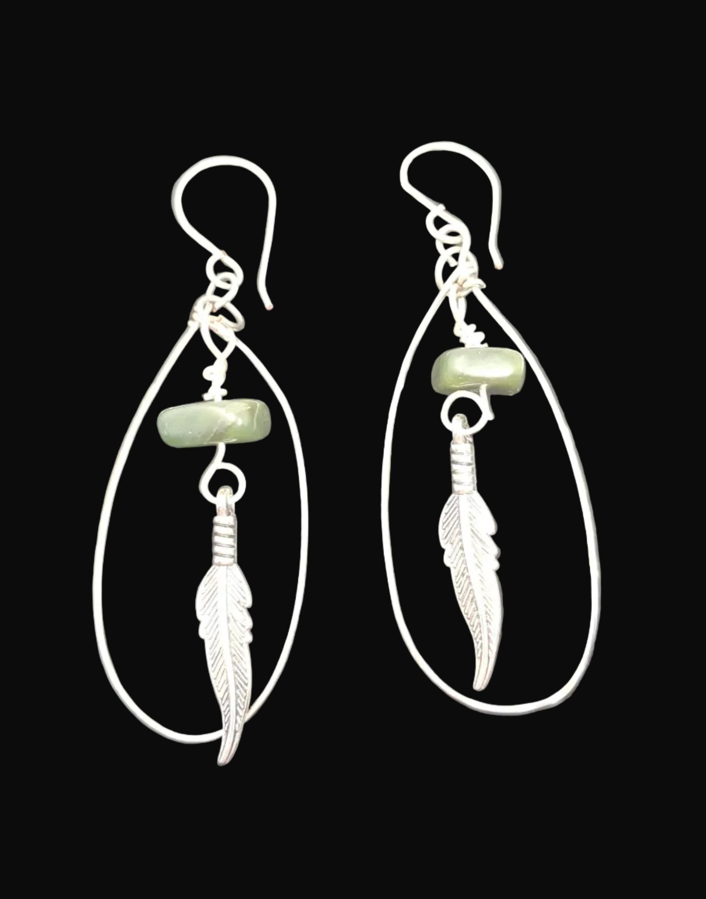 Silver teardrop earrings with jade and feather