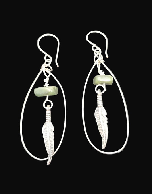 Silver teardrop earrings with jade and feather