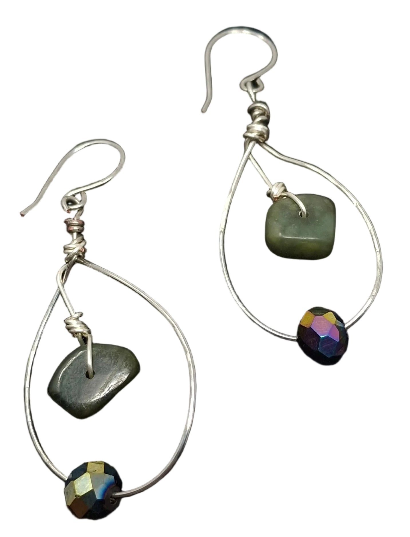 Silver wrapped teardrop earrings with jade and crystal