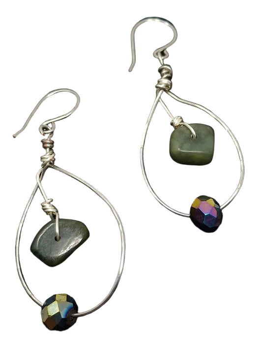 Silver wrapped teardrop earrings with jade and crystal