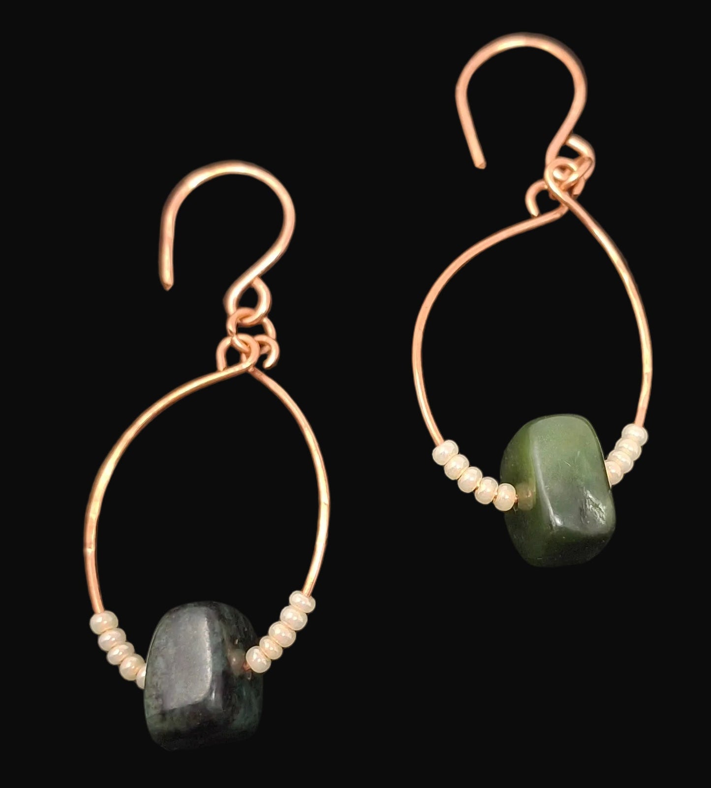 Oval Copper Hoop Earrings with Jade and seed beads