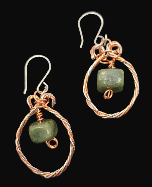 Twisted Copper and Silver Hoops with Jade