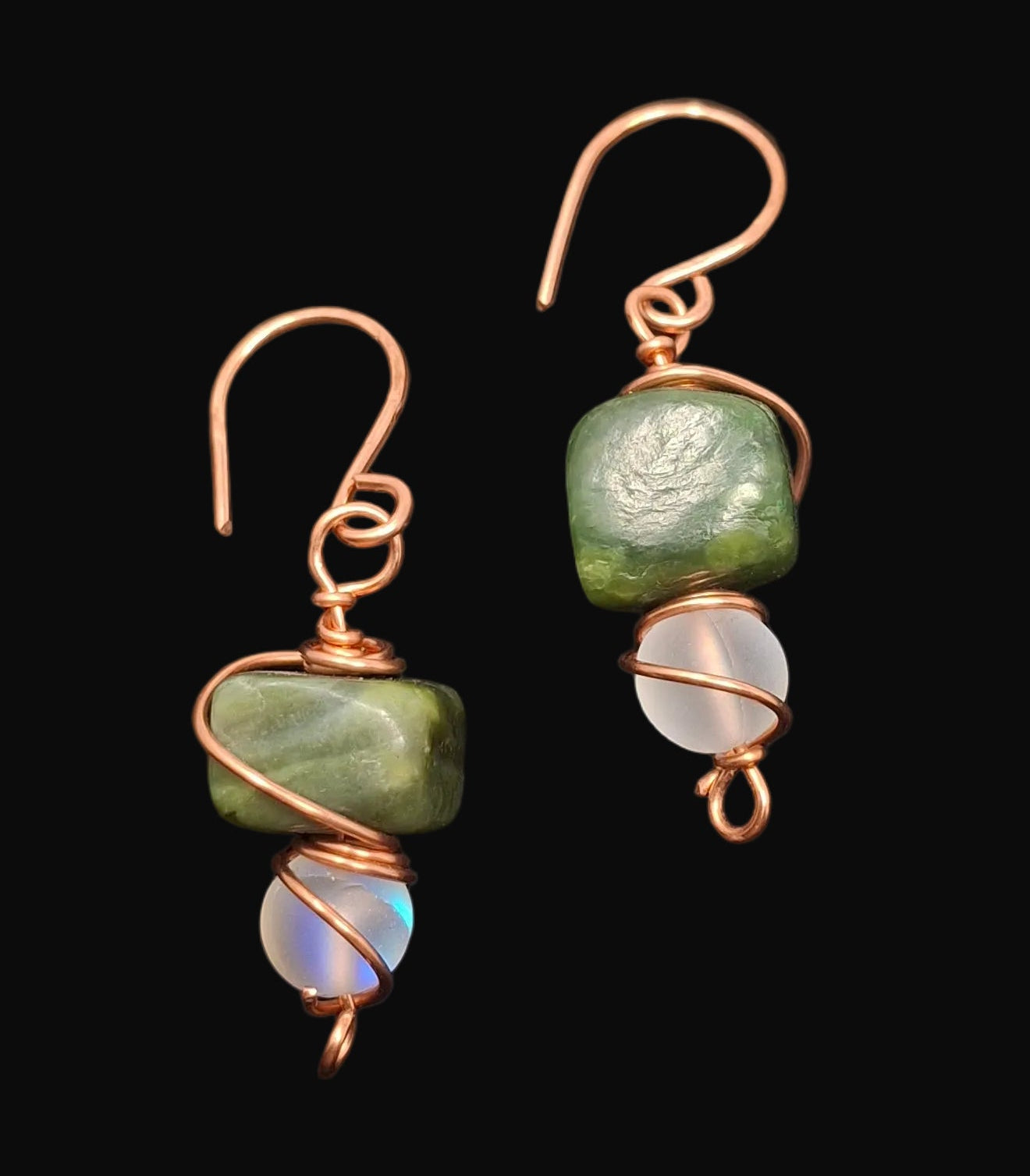 Copper Wire Wrapped Earrings with Jade and Crystal