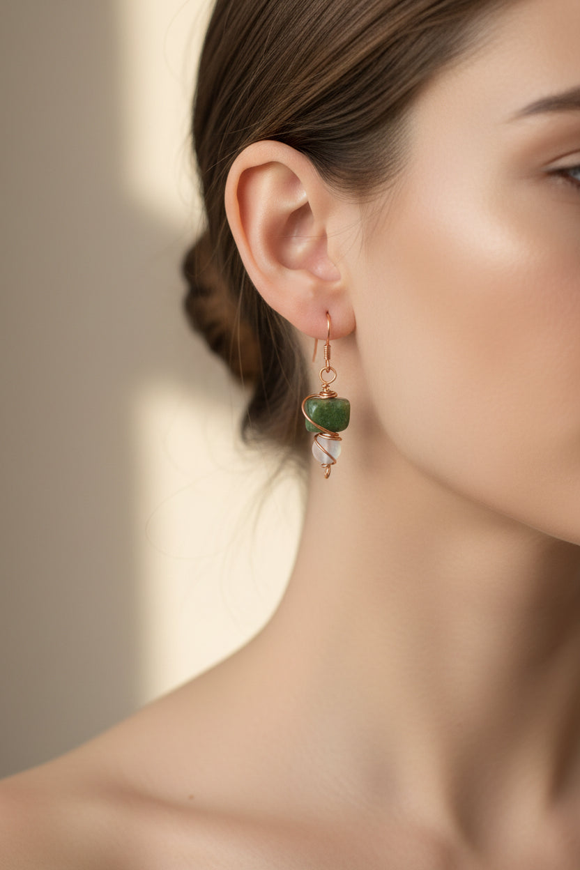 Copper Wire Wrapped Earrings with Jade and Crystal
