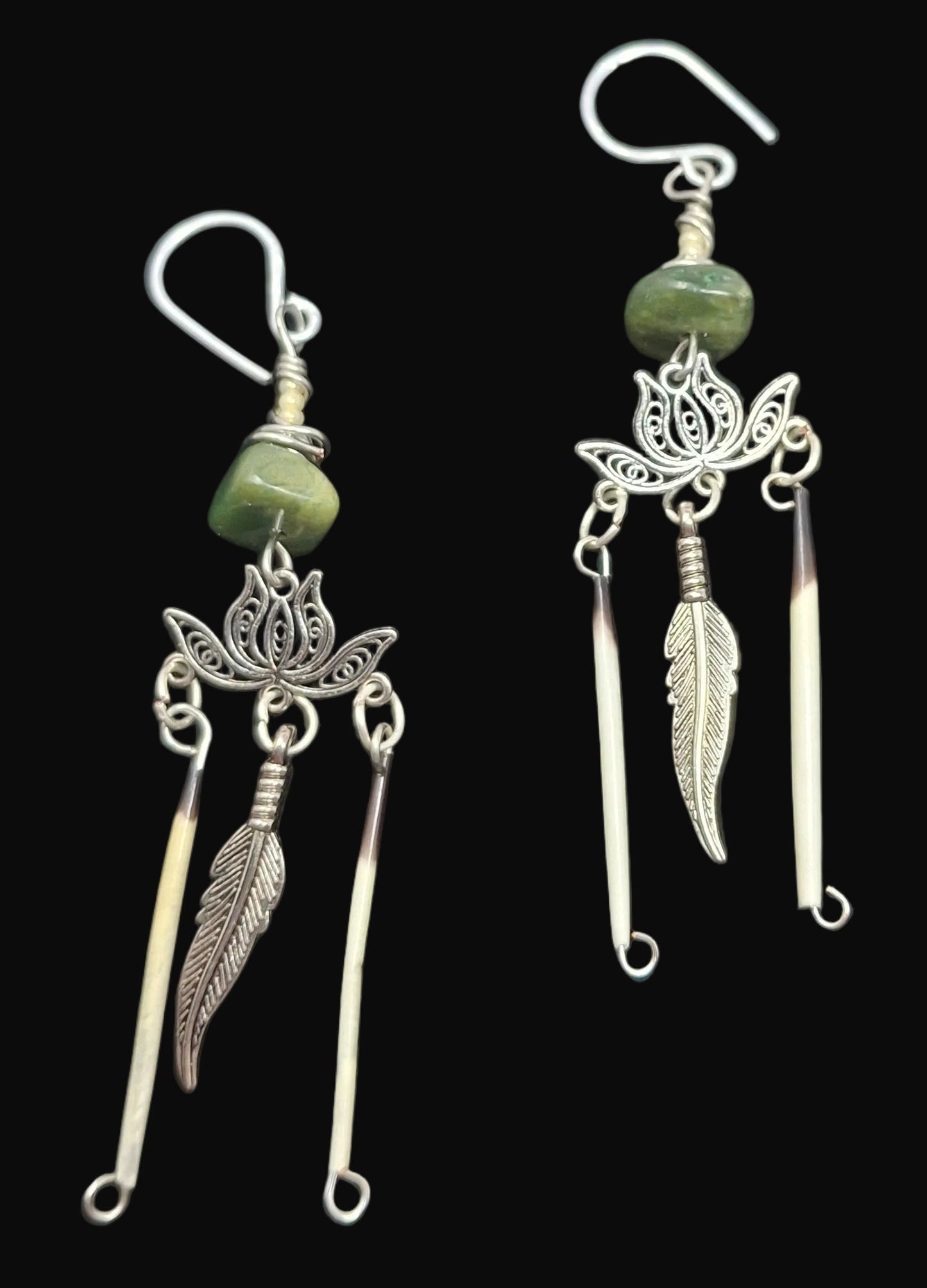 Silver Lotus Earrings - with Porcupine Quills, Jade and Feathers
