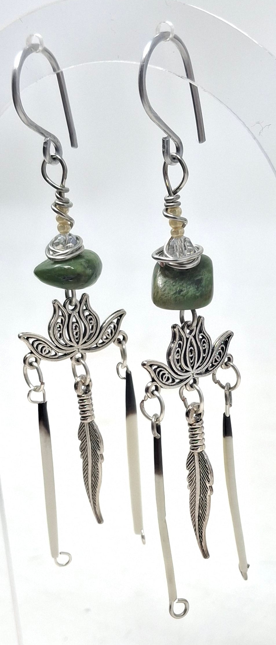 Silver Lotus Earrings - with Porcupine Quills, Jade and Feathers