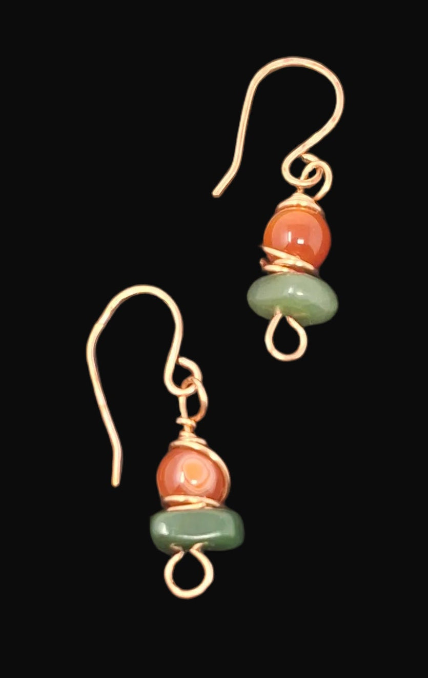 Copper Wire wrapped earrings with Jade and Carnelia