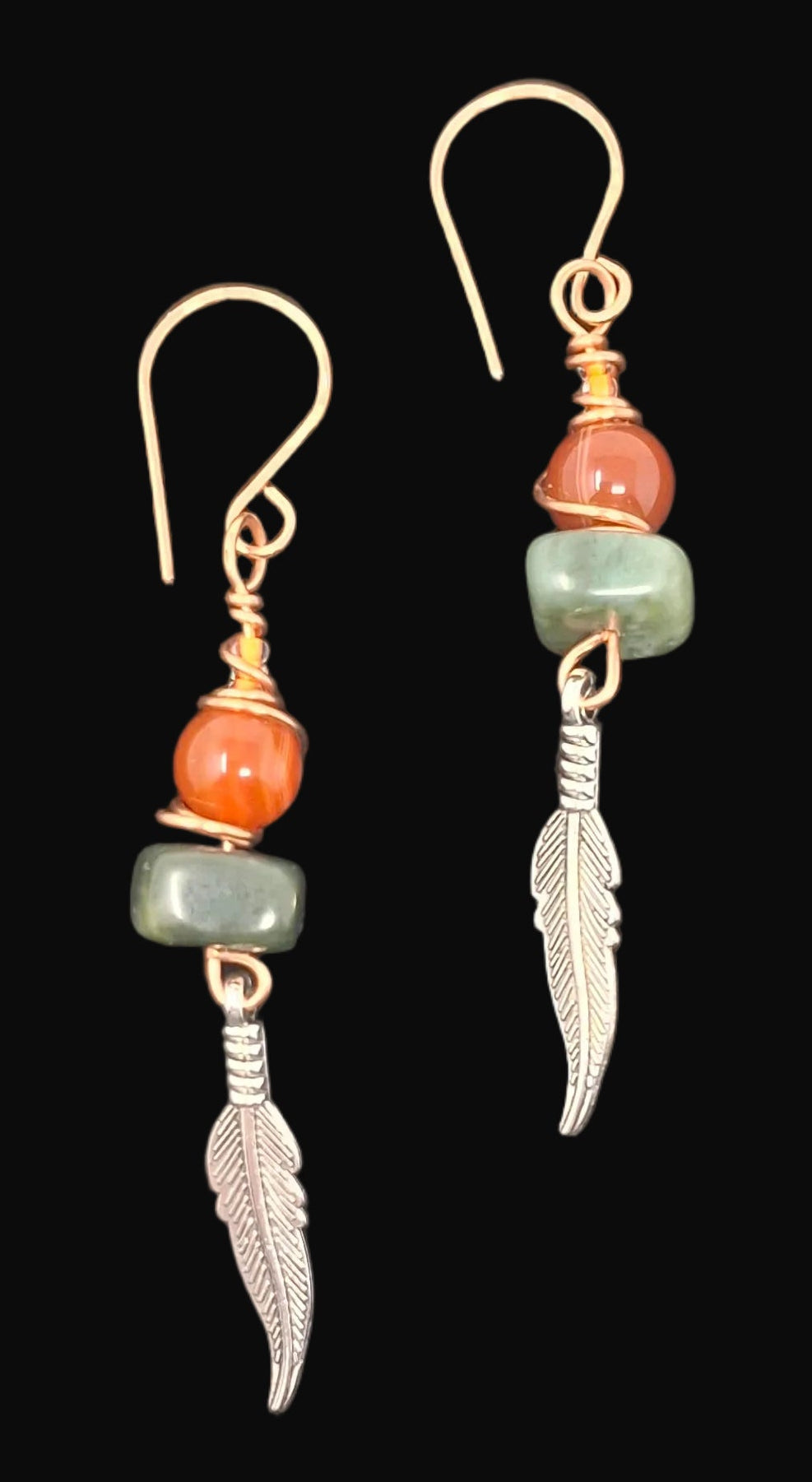 Copper Wire Wrapped Earrings with Jade and feather
