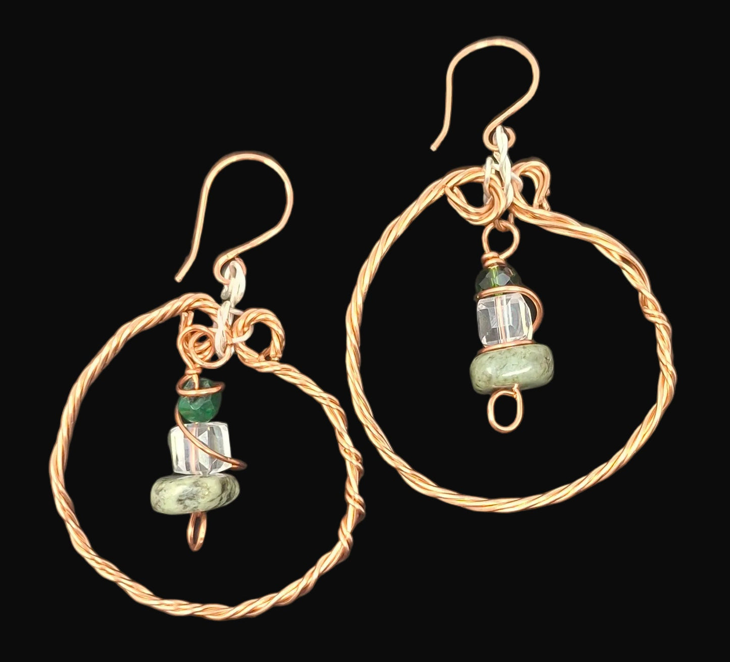 Large Twisted Copper Hoops with Jade and crystal